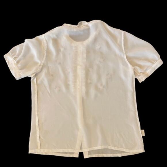 Vintage White Ruffled Embroidered Pink & Green Flowers Sheer Button Down (S) - Picture 8 of 10